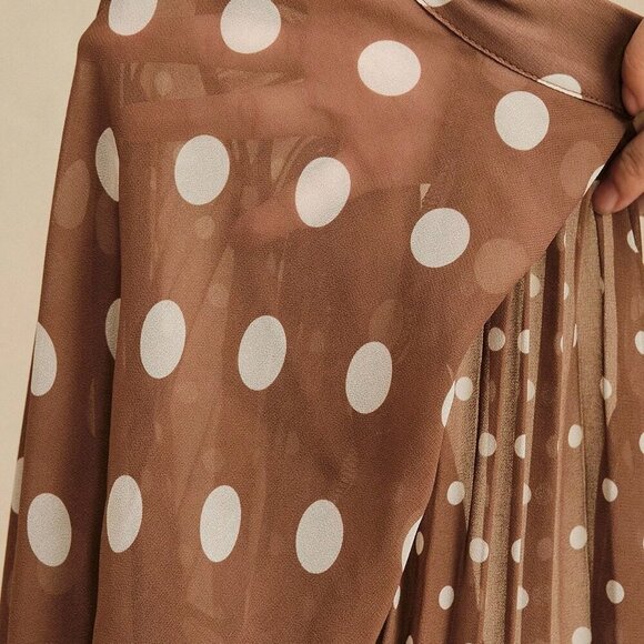 Brown Elegant Womens Polka Dot Pleated detailed bow Tie Front Long Sleeve Blouse - Picture 8 of 8